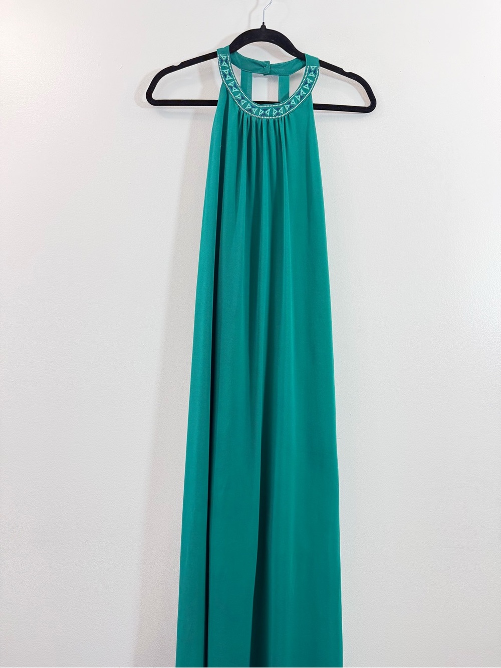 Maurices Teal Halter Maxi Dress with Embellished Neckline